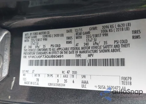 2016 Ford Escape S z USA, uszkodzony, nr VIN 1FMCU0F73GUB93491